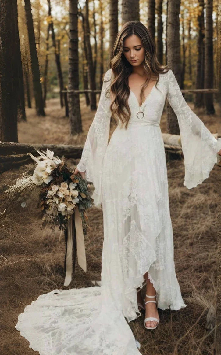 Simple Casual Long Sleeves Boho Lace Wedding Dress With Sweep Train KissDress