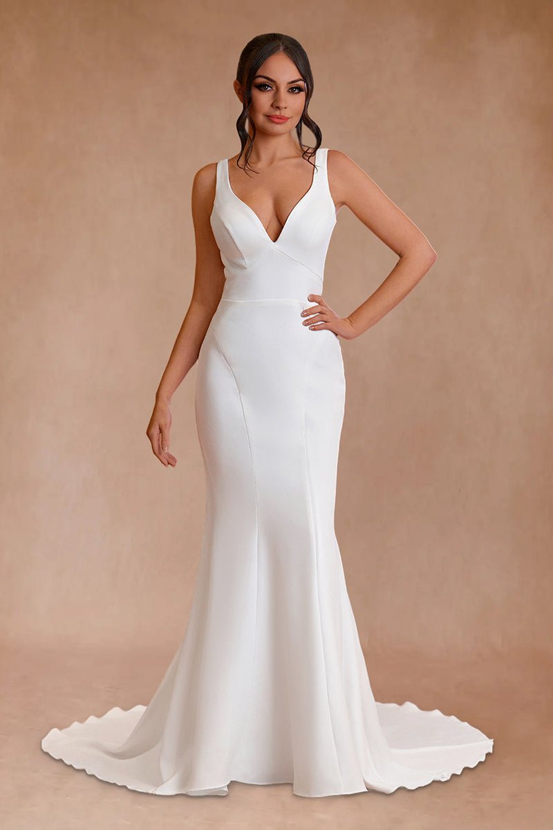 Simple Mermaid V Neck Satin White Wedding Dresses - KissProm