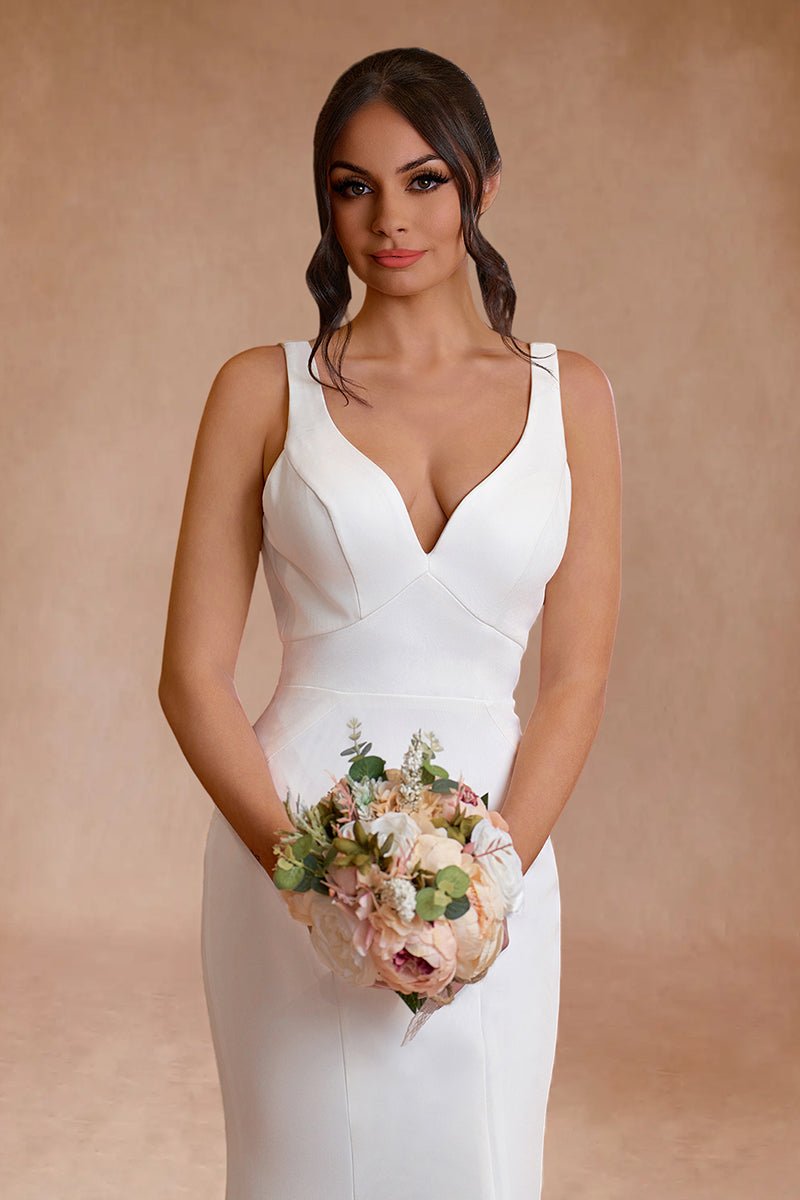 Simple Mermaid V Neck Satin White Wedding Dresses - KissProm