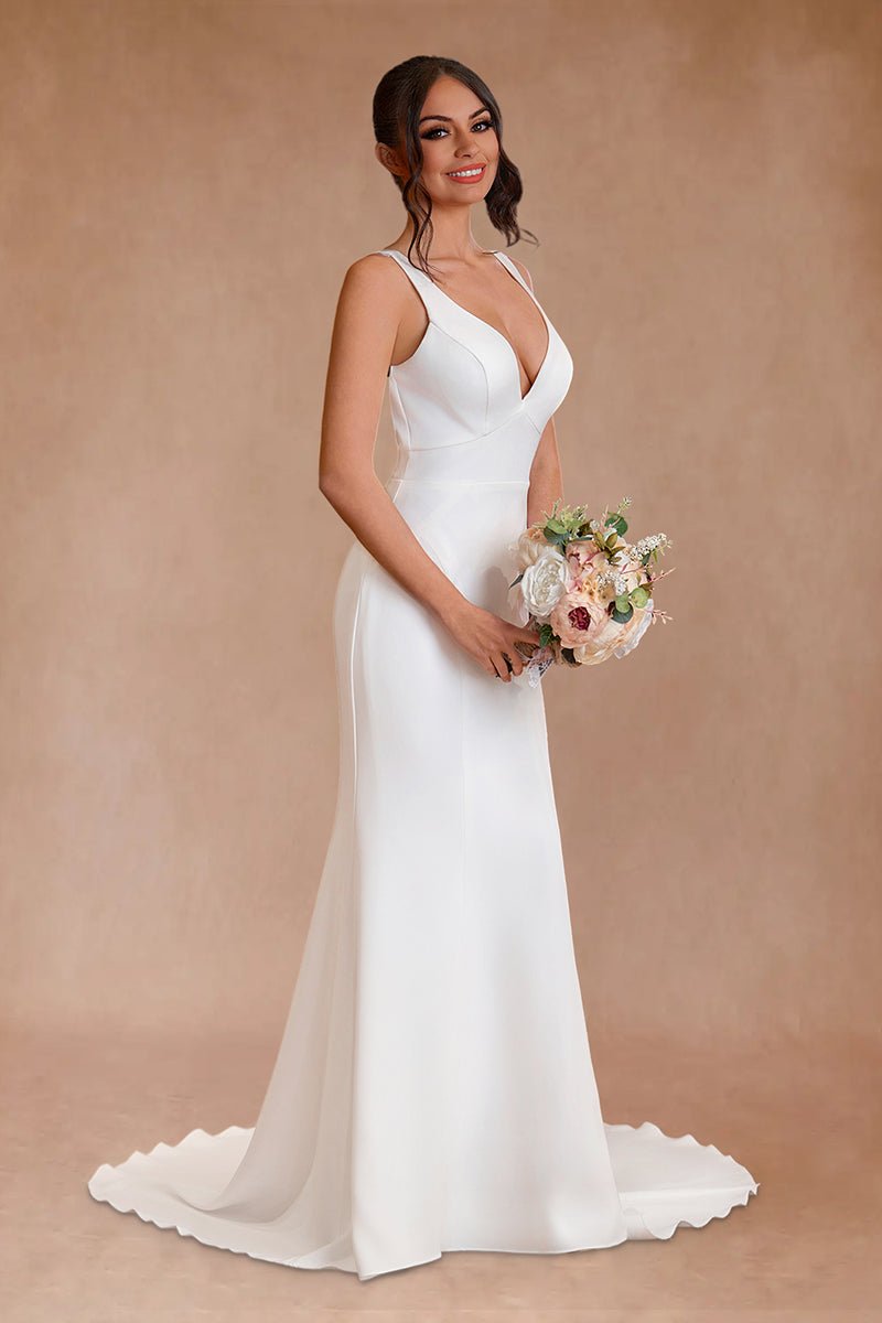 Simple Mermaid V Neck Satin White Wedding Dresses - KissProm