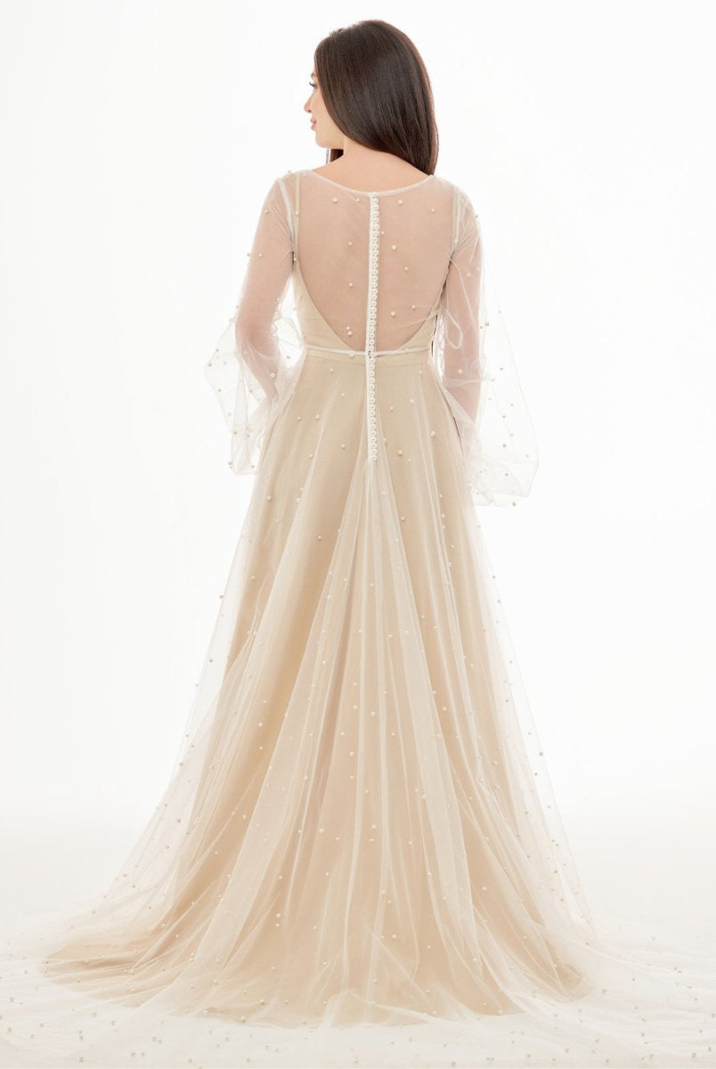 KissDress-Franceska Simple Modest A-Line Long Sleeve Tulle Elopement Illusion Wedding Dress with Pearl