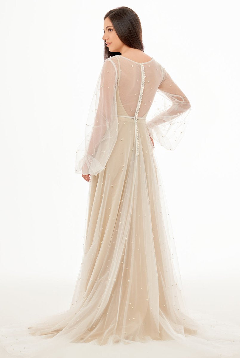 KissDress-Franceska Simple Modest A-Line Long Sleeve Tulle Elopement Illusion Wedding Dress with Pearl