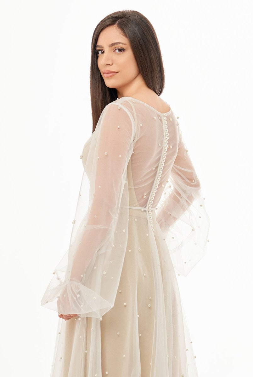 KissDress-Franceska Simple Modest A-Line Long Sleeve Tulle Elopement Illusion Wedding Dress with Pearl