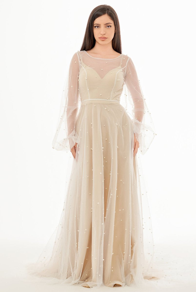 KissDress-Franceska Simple Modest A-Line Long Sleeve Tulle Elopement Illusion Wedding Dress with Pearl