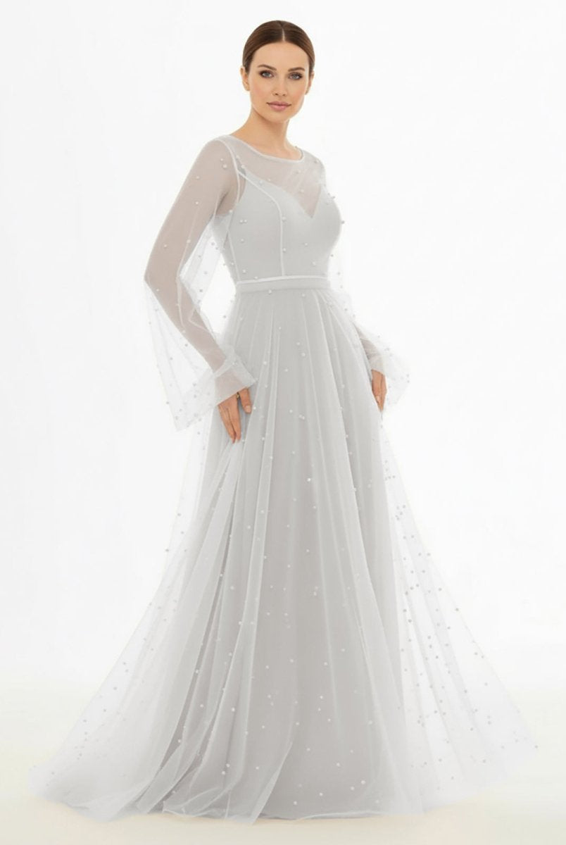 KissDress-Franceska Simple Modest A-Line Long Sleeve Tulle Elopement Illusion Wedding Dress with Pearl