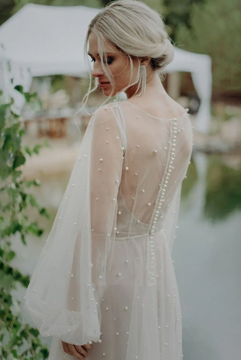 KissDress-Franceska Simple Modest A-Line Long Sleeve Tulle Elopement Illusion Wedding Dress with Pearl