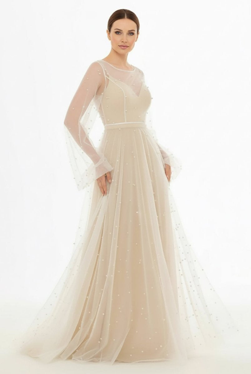 KissDress-Franceska Simple Modest A-Line Long Sleeve Tulle Elopement Illusion Wedding Dress with Pearl