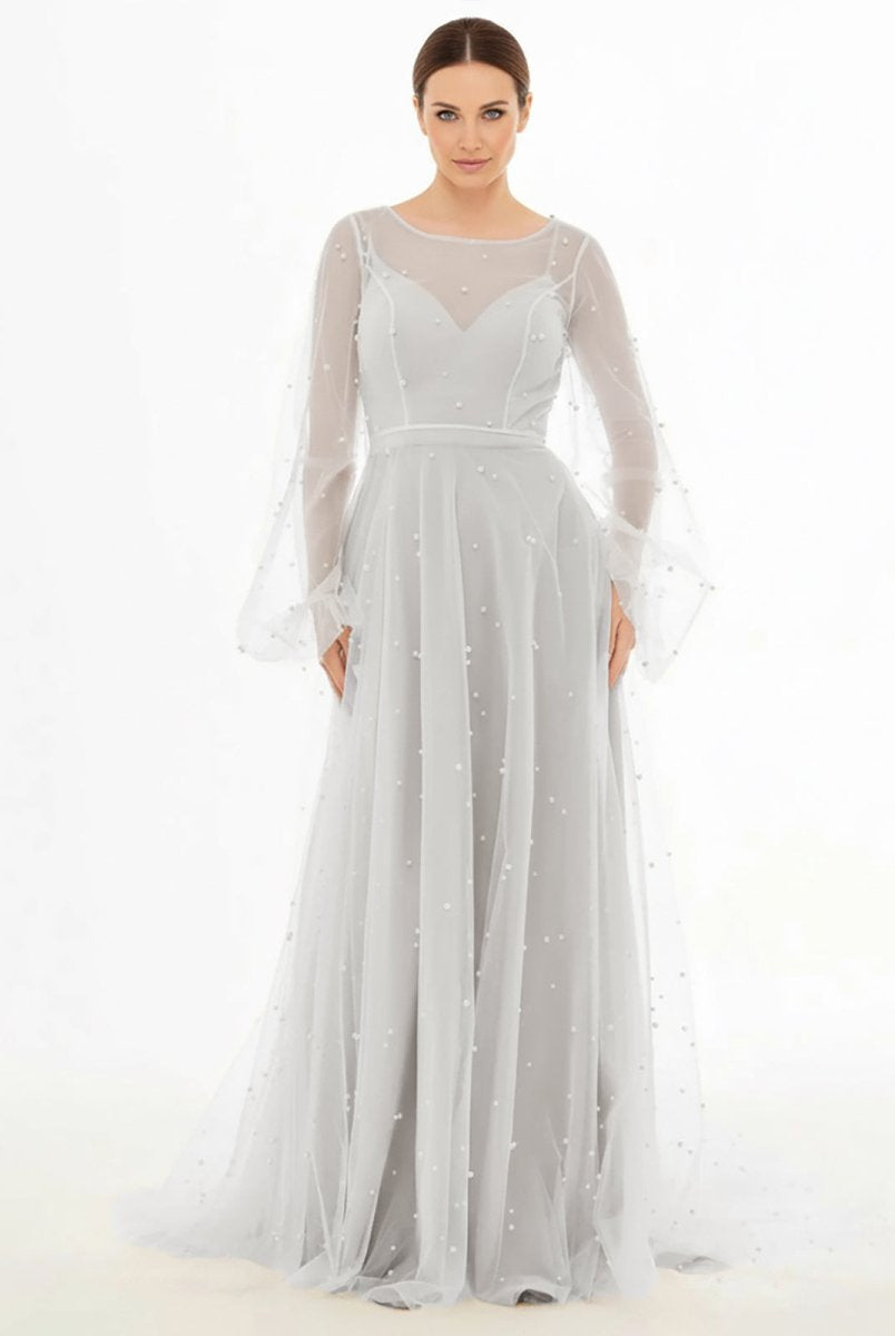 KissDress-Franceska Simple Modest A-Line Long Sleeve Tulle Elopement Illusion Wedding Dress with Pearl