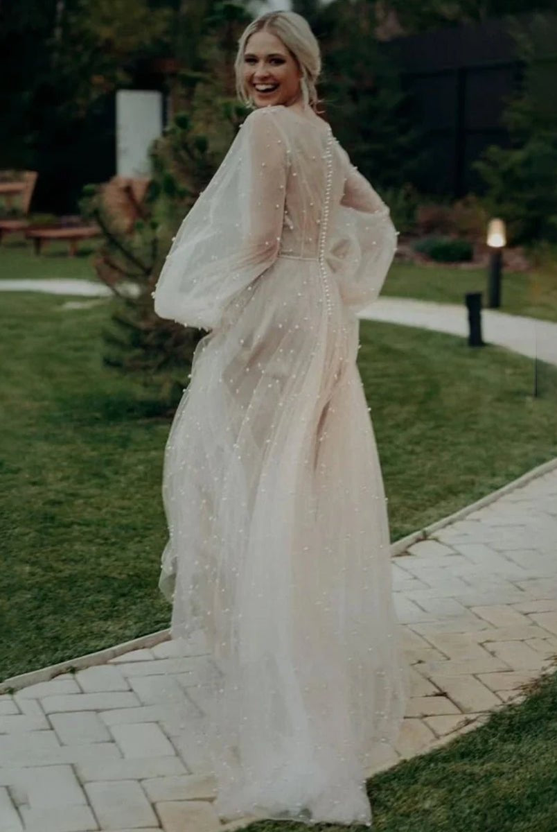 KissDress-Franceska Simple Modest A-Line Long Sleeve Tulle Elopement Illusion Wedding Dress with Pearl