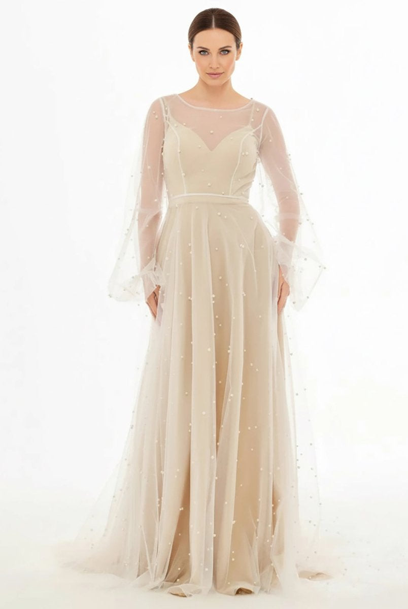 KissDress-Franceska Simple Modest A-Line Long Sleeve Tulle Elopement Illusion Wedding Dress with Pearl