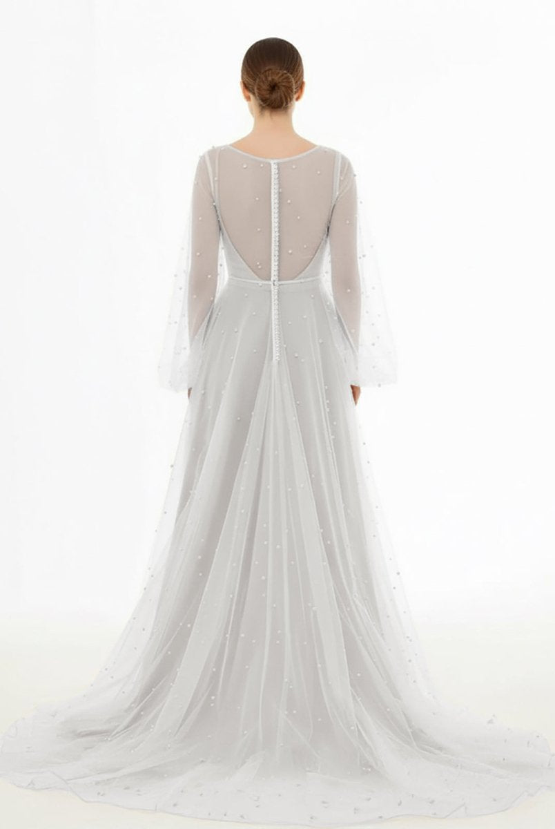 KissDress-Franceska Simple Modest A-Line Long Sleeve Tulle Elopement Illusion Wedding Dress with Pearl