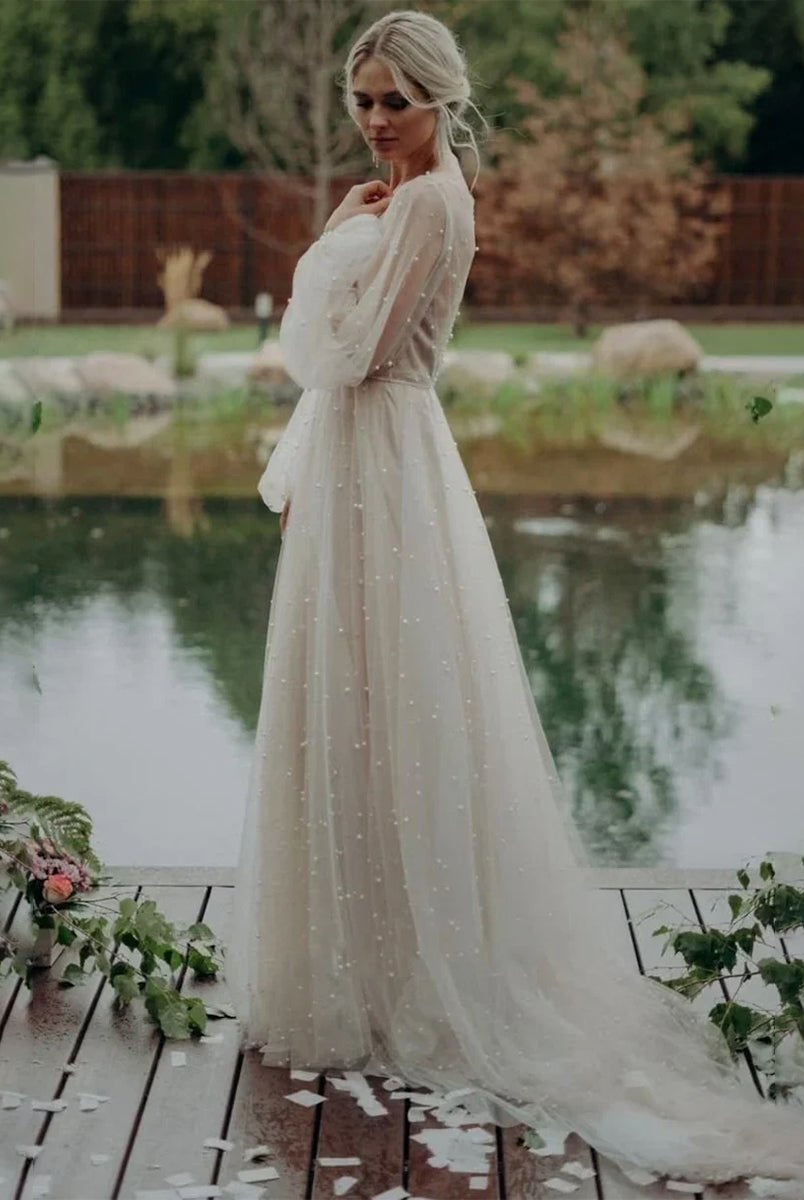 KissDress-Franceska Simple Modest A-Line Long Sleeve Tulle Elopement Illusion Wedding Dress with Pearl