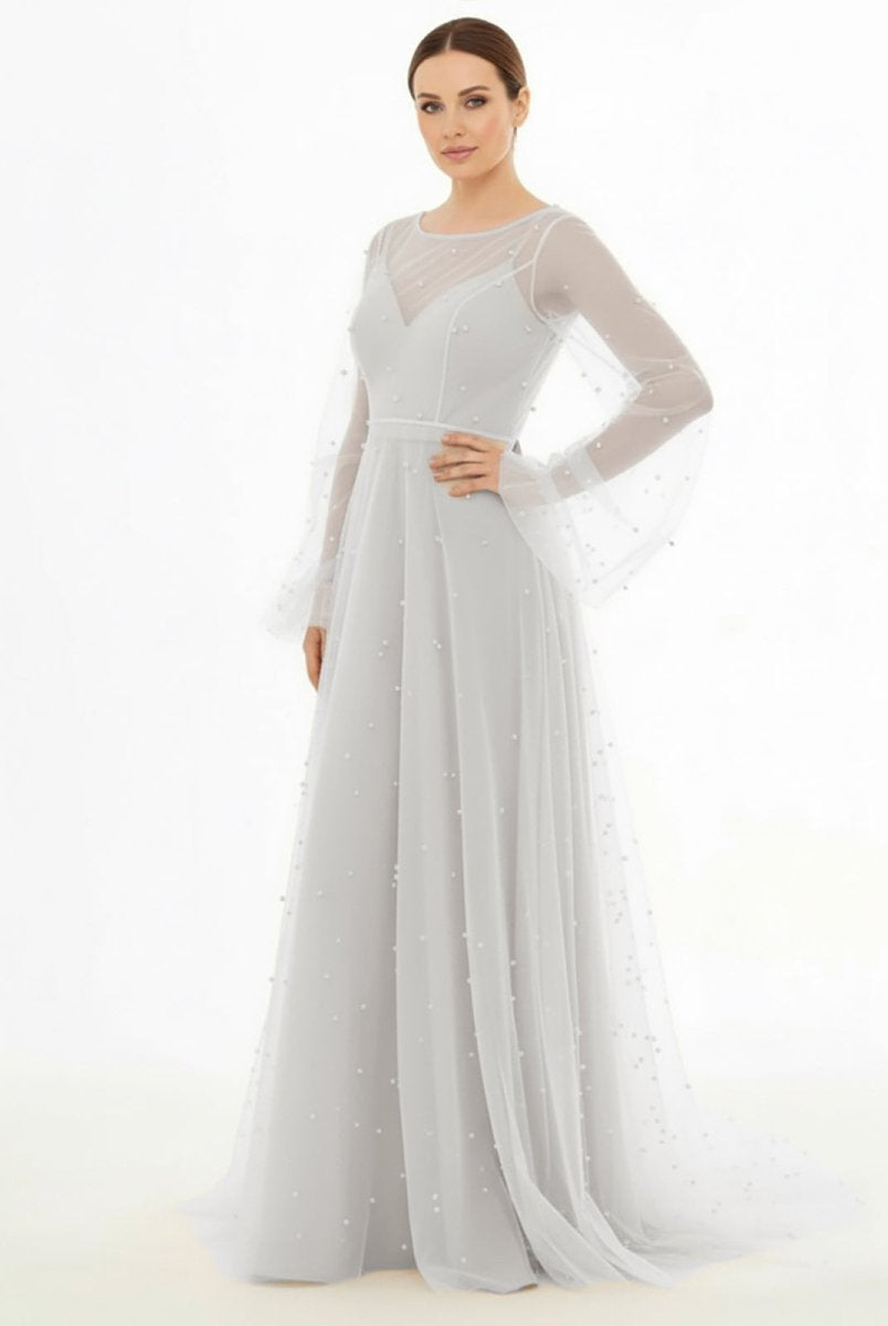 KissDress-Franceska Simple Modest A-Line Long Sleeve Tulle Elopement Illusion Wedding Dress with Pearl