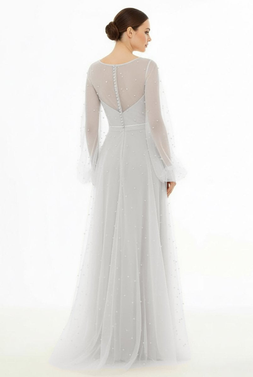 KissDress-Franceska Simple Modest A-Line Long Sleeve Tulle Elopement Illusion Wedding Dress with Pearl