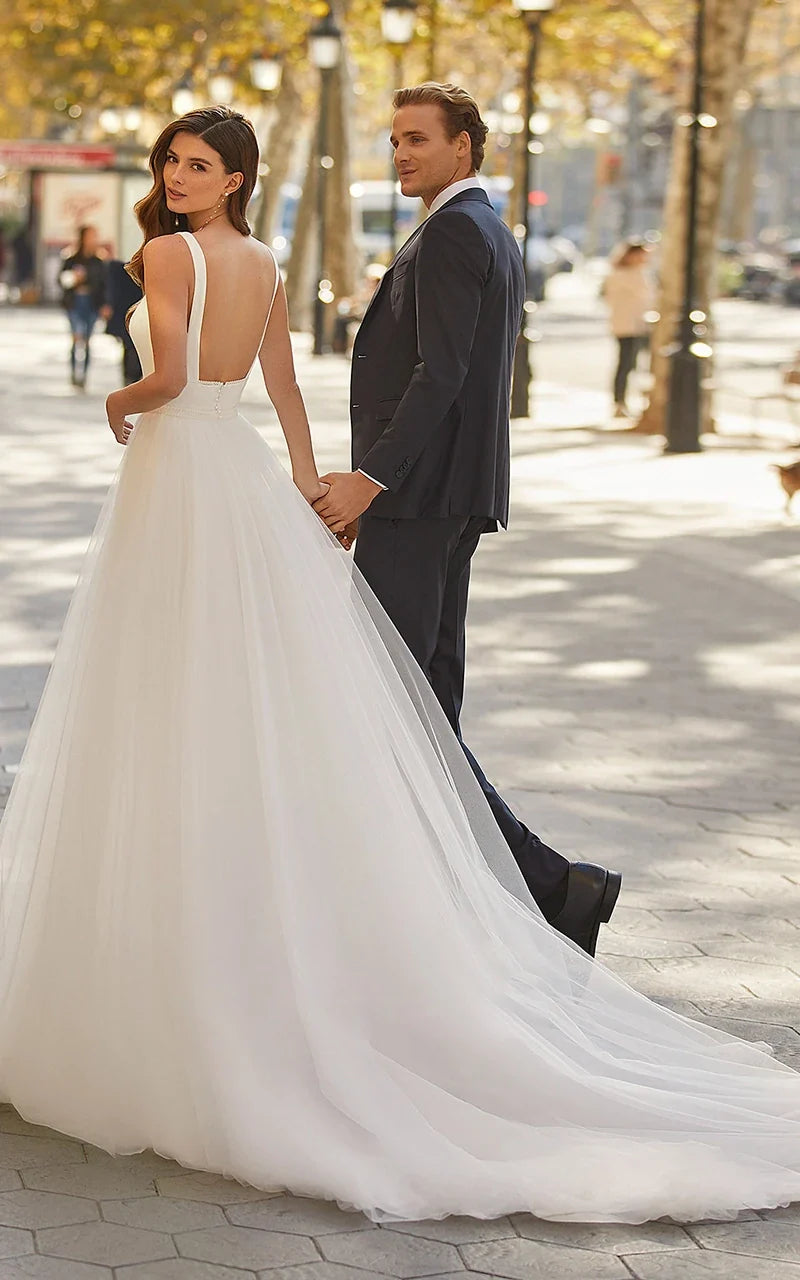 Simple Modest A-Line Minimalist Casual Scoop Tulle Wedding Dress with Open Back and Sweep Train