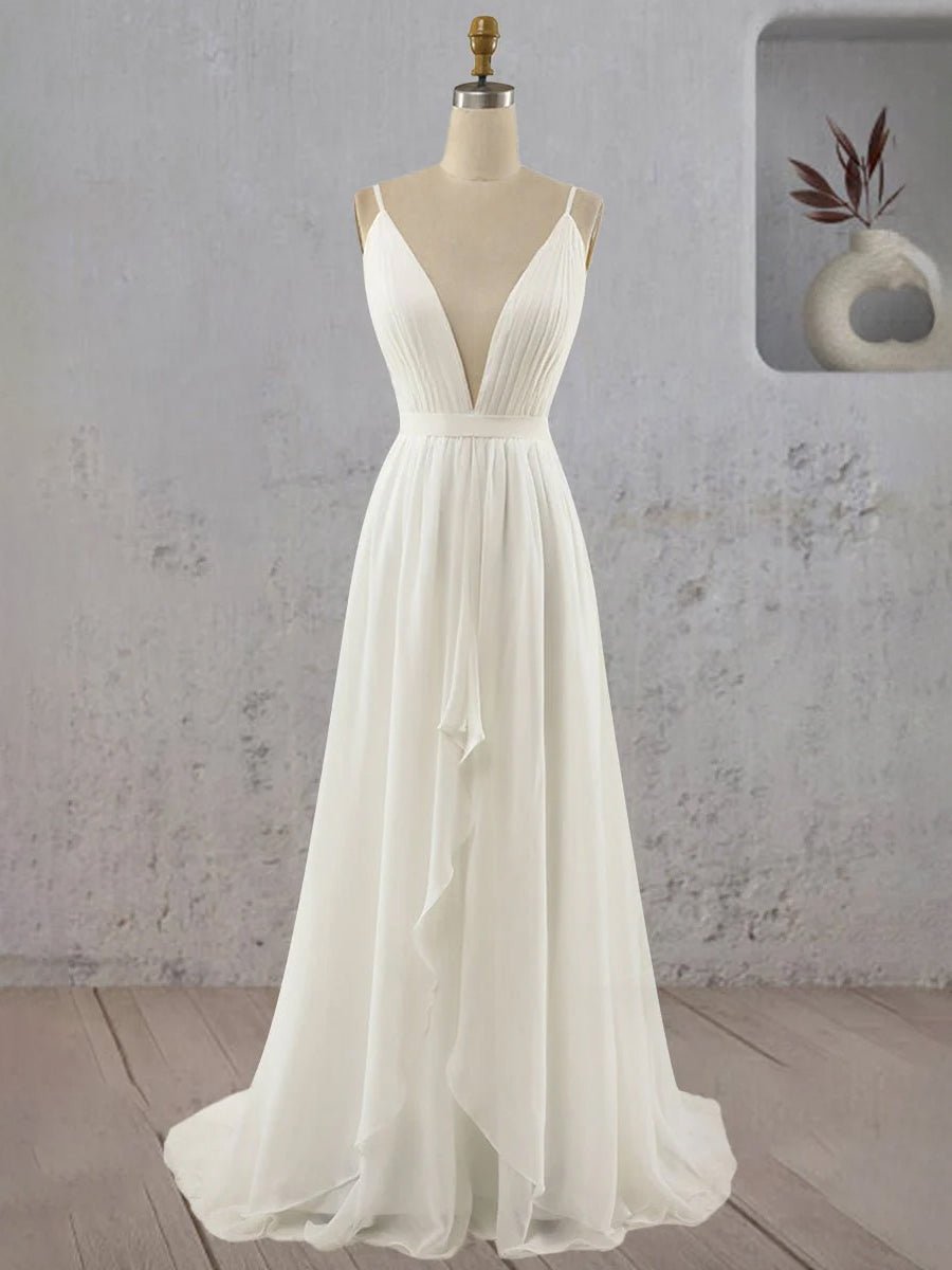 KissDress-Serafina A-Line V Neck Straps Spaghetti Sheath Chiffon Wedding Dress