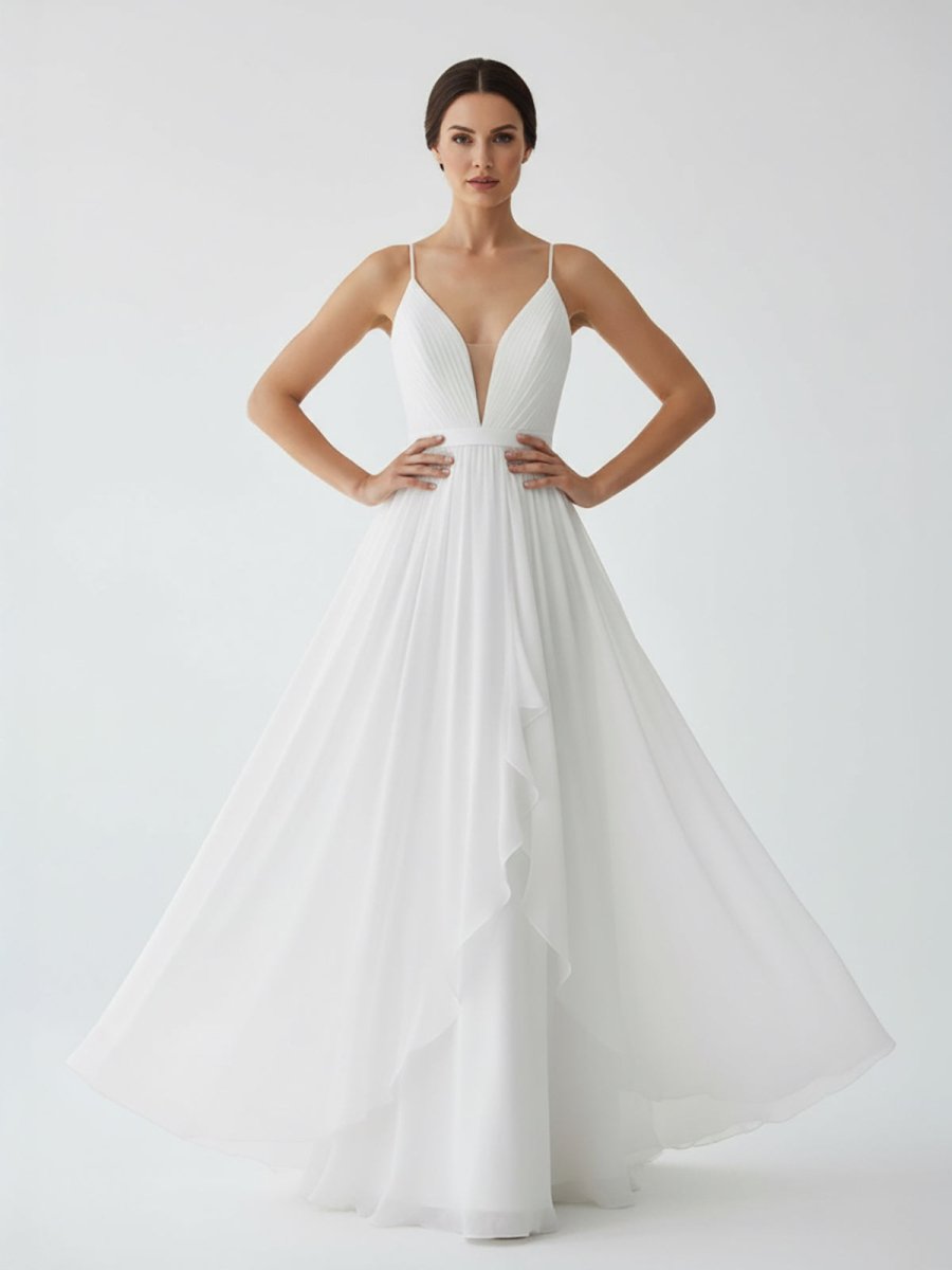 KissDress-Serafina A-Line V Neck Straps Spaghetti Sheath Chiffon Wedding Dress