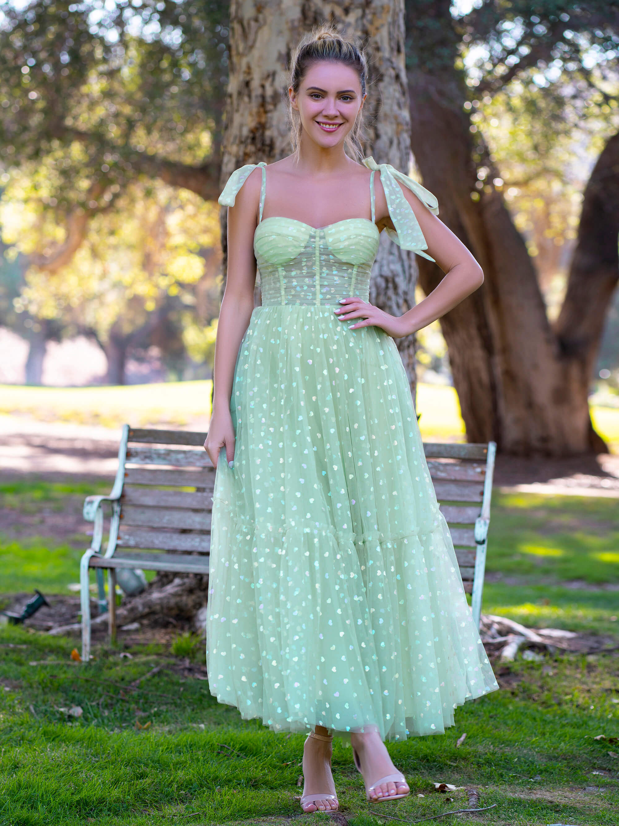 Mint Green Corset Bow Straps Tulle Glitter Hearts Ankle Length Prom Dress