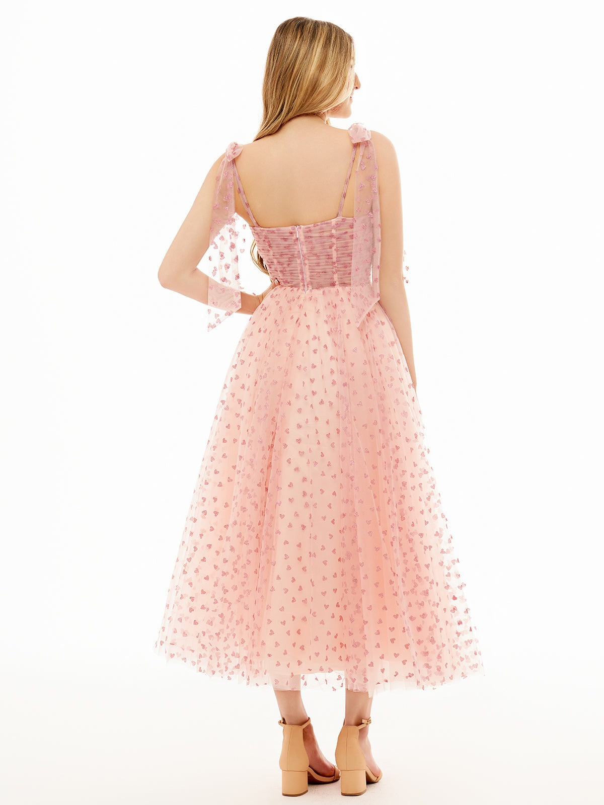 Mint Green Corset Bow Straps Tulle Glitter Hearts Ankle Length Prom Dress