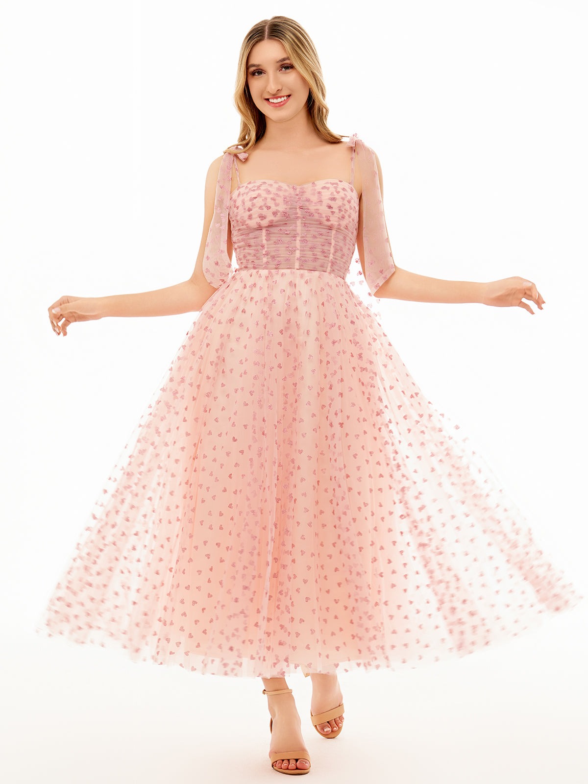 Mint Green Corset Bow Straps Tulle Glitter Hearts Ankle Length Prom Dress