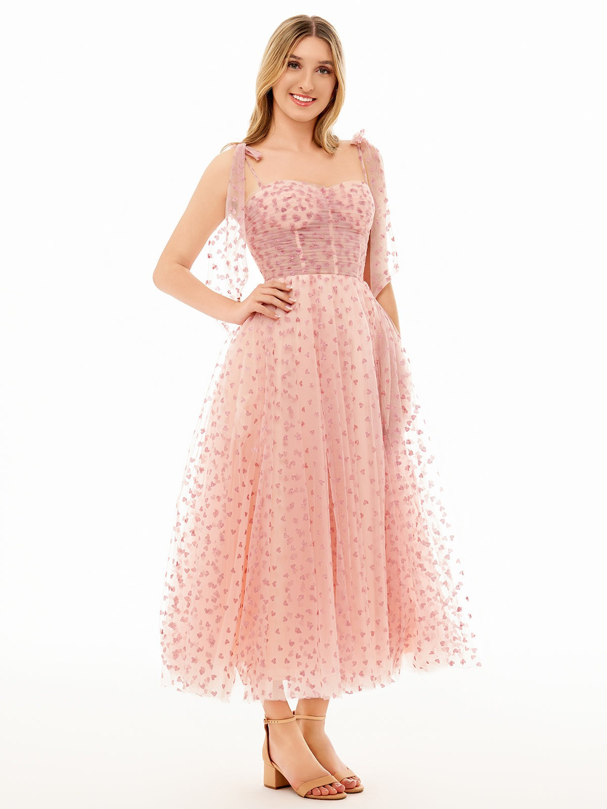 Mint Green Corset Bow Straps Tulle Glitter Hearts Ankle Length Prom Dress