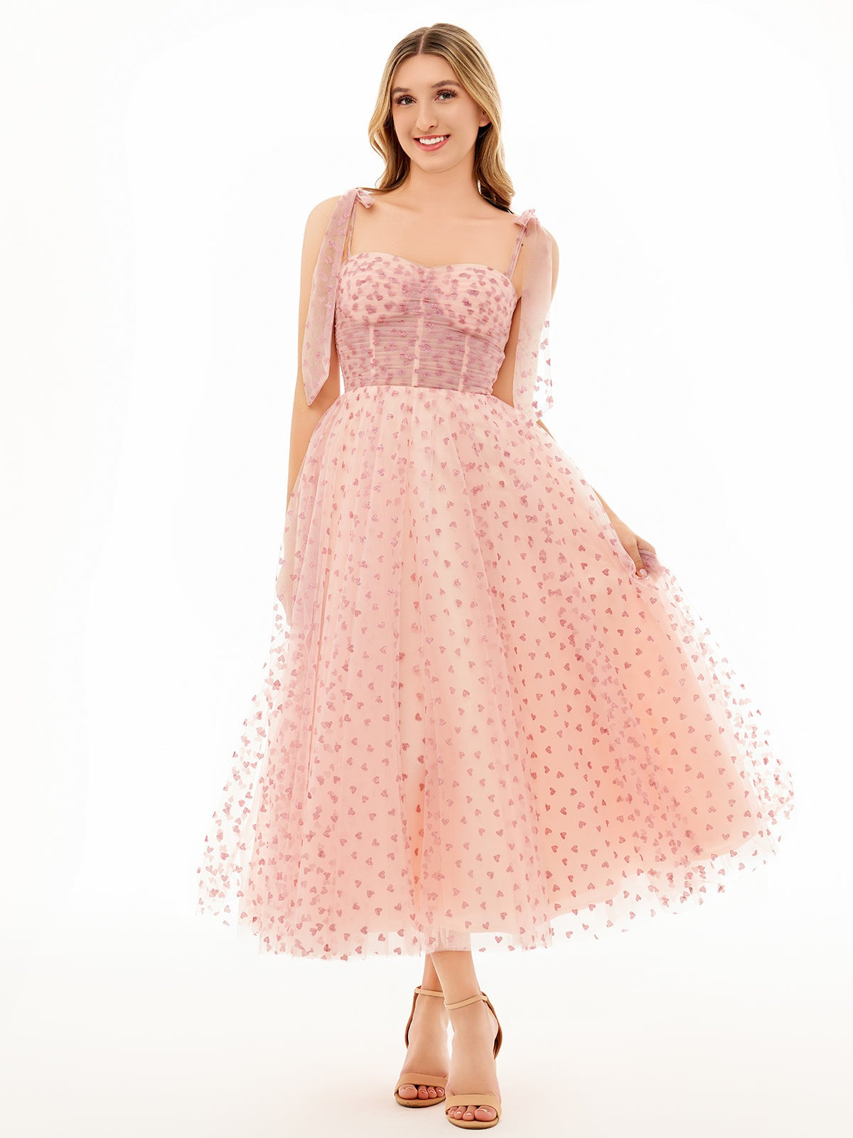 Mint Green Corset Bow Straps Tulle Glitter Hearts Ankle Length Prom Dress
