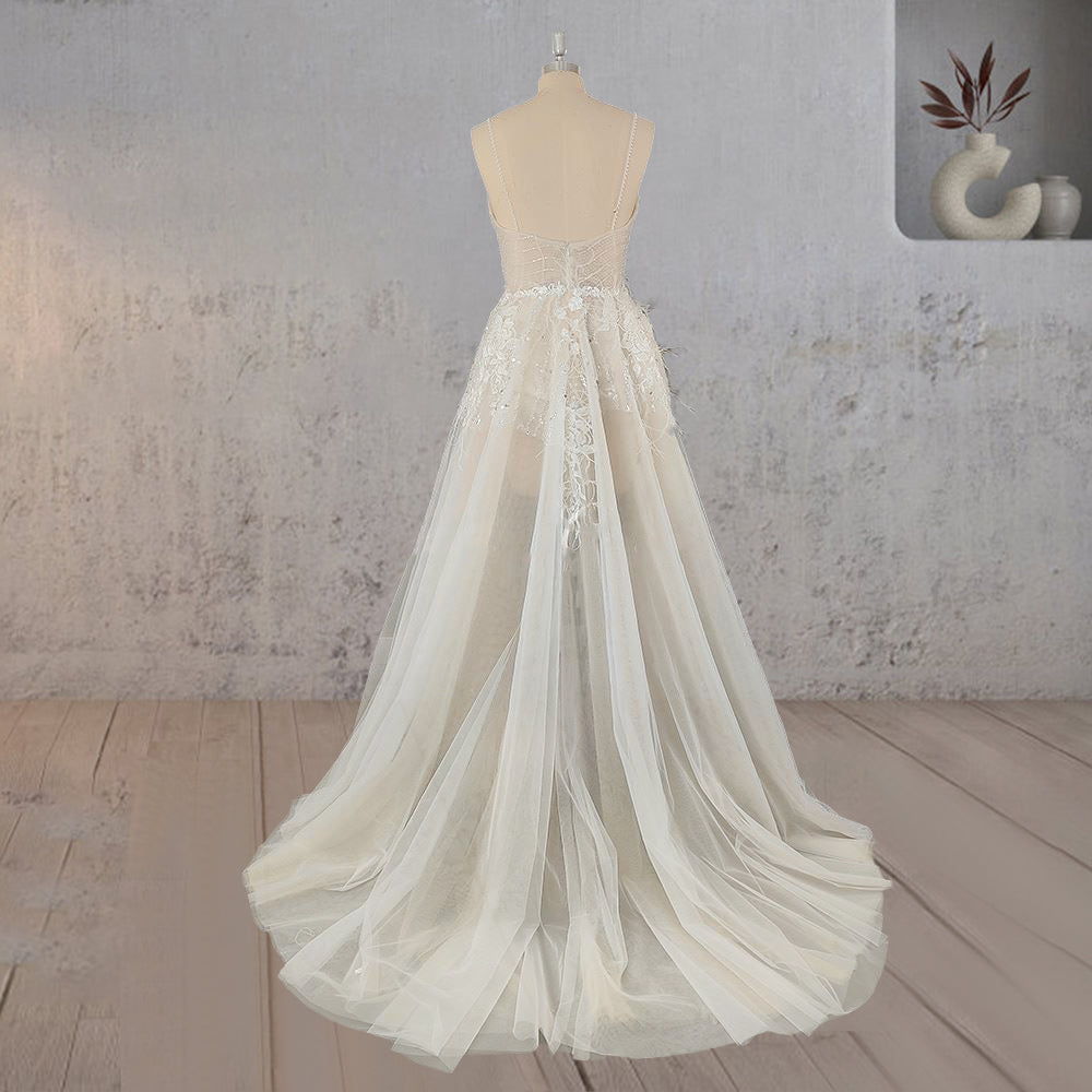 Spaghetti Straps Appliqued Lace Wedding Dress with Feathers