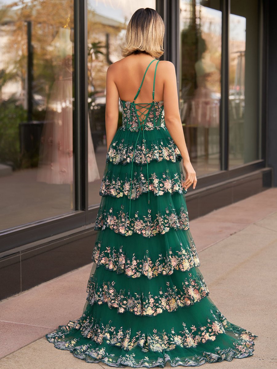 Livia |Sheath One Shoulder Tiered Lace Long Prom Dress - KissProm