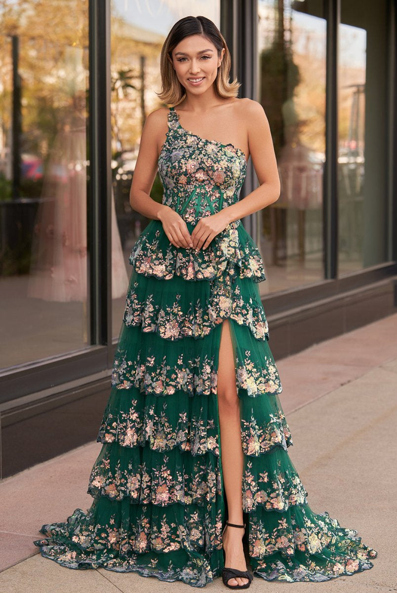 Livia |Sheath One Shoulder Tiered Lace Long Prom Dress - KissProm