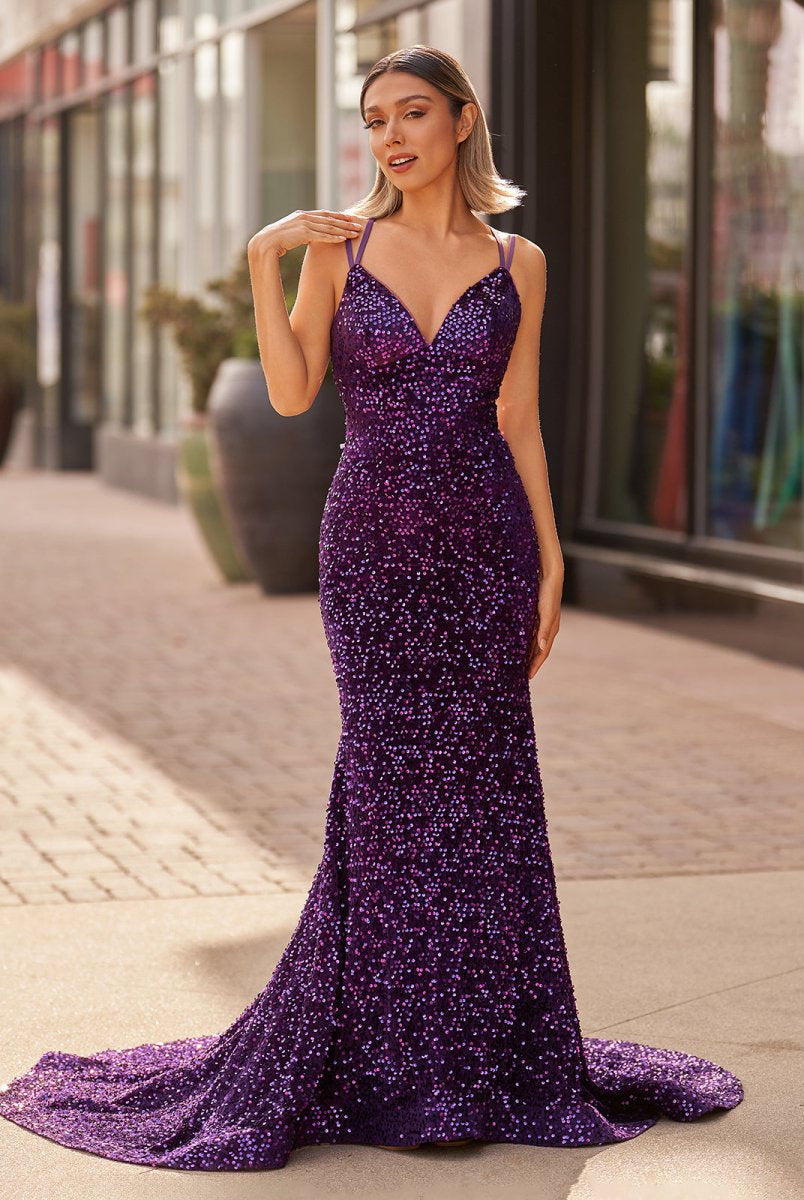 Maddison |Sparkly Blue Mermaid Sequins Long Backless Prom Dress - KissProm