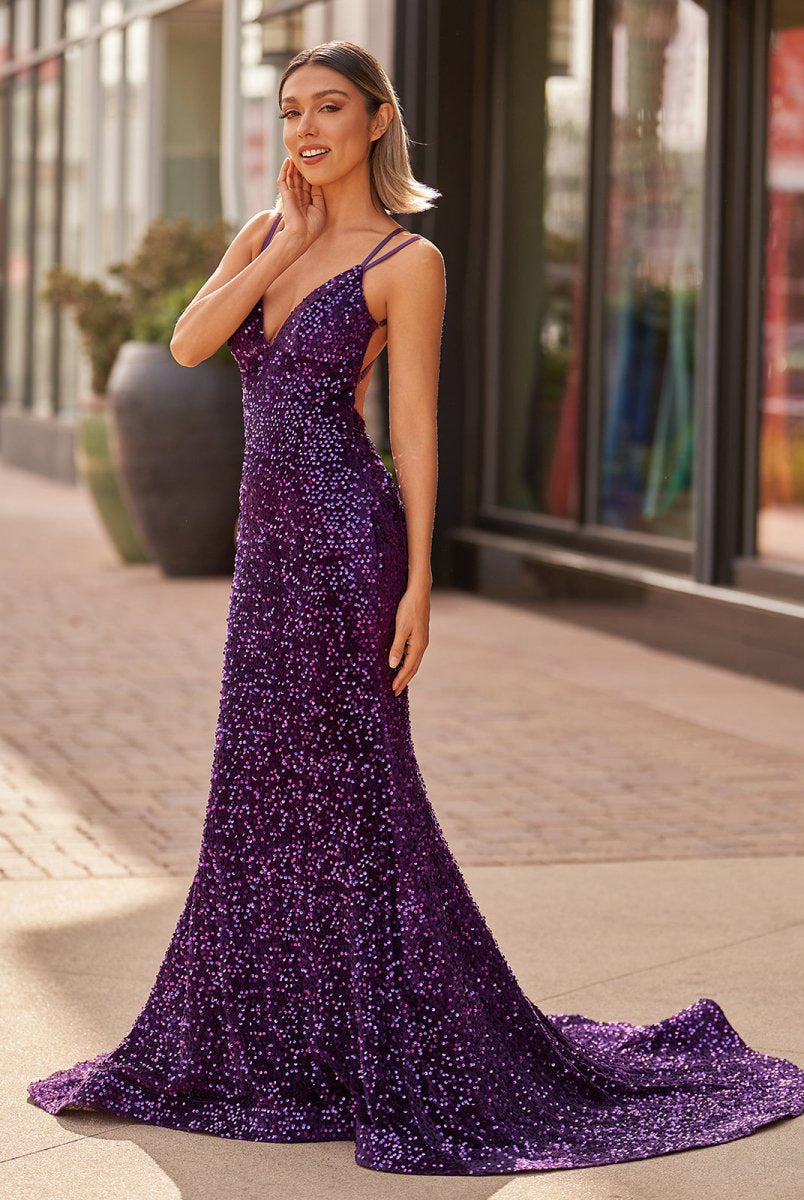 Maddison |Sparkly Blue Mermaid Sequins Long Backless Prom Dress - KissProm