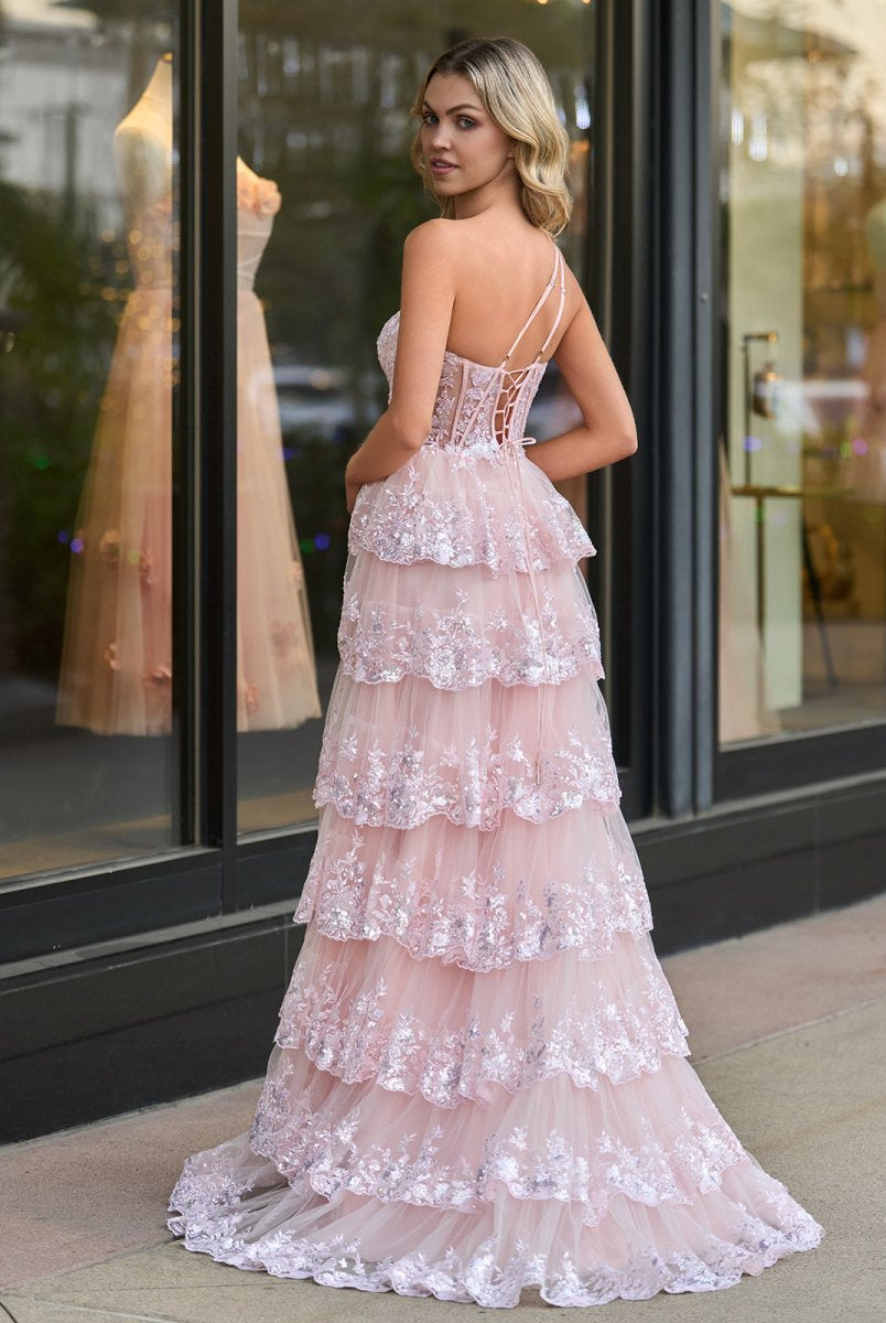 Livia |Sheath One Shoulder Tiered Lace Long Prom Dress - KissProm