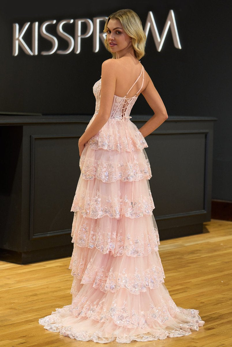 Livia |Sheath One Shoulder Tiered Lace Long Prom Dress - KissProm