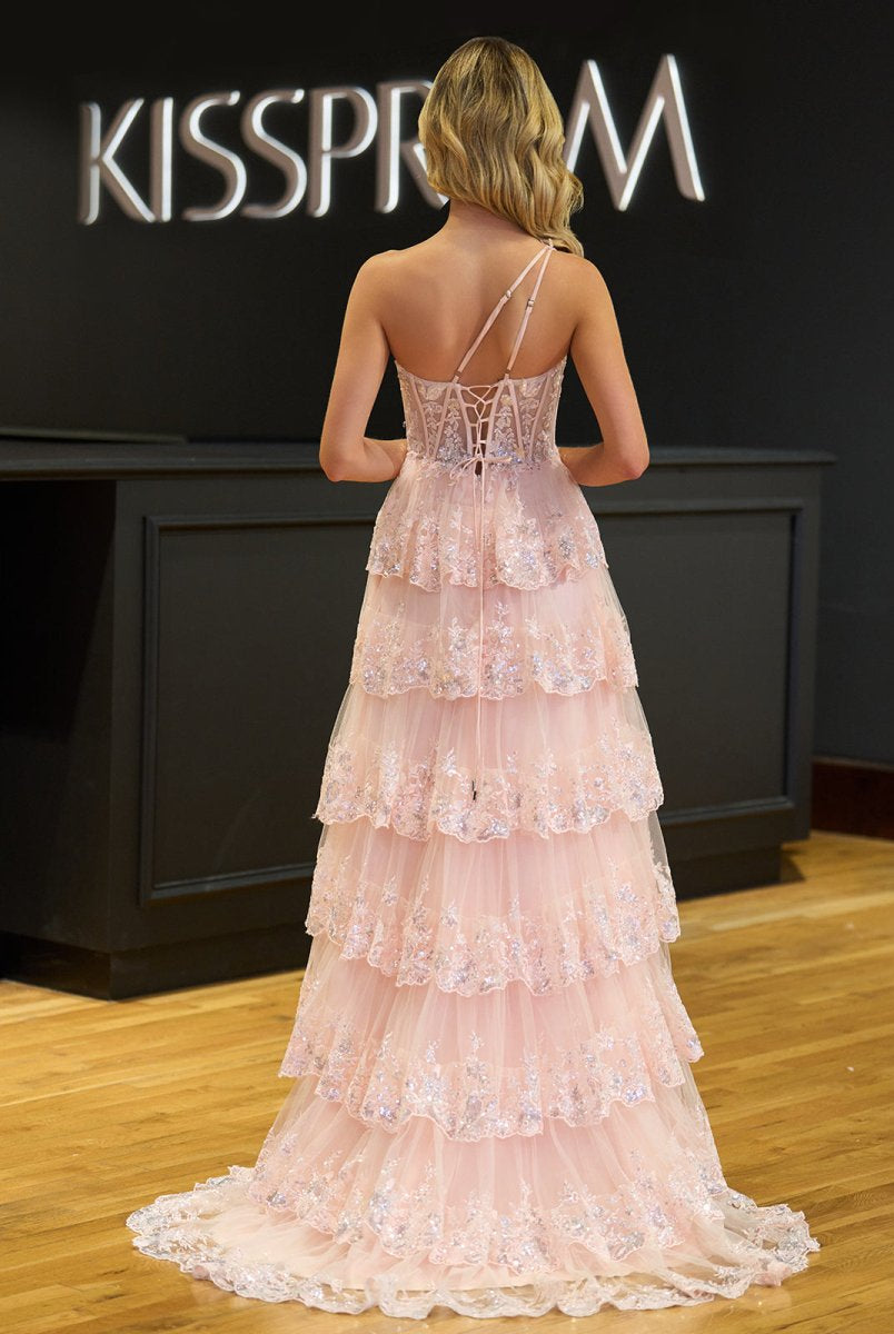 Livia |Sheath One Shoulder Tiered Lace Long Prom Dress - KissProm