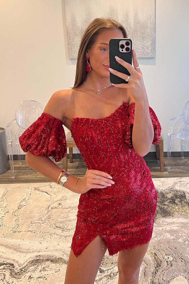 Sheath/Column Short Sleeves Sequins Burgundy Short Homecoming Dress