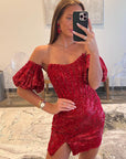 Sheath/Column Short Sleeves Sequins Burgundy Short Homecoming Dress
