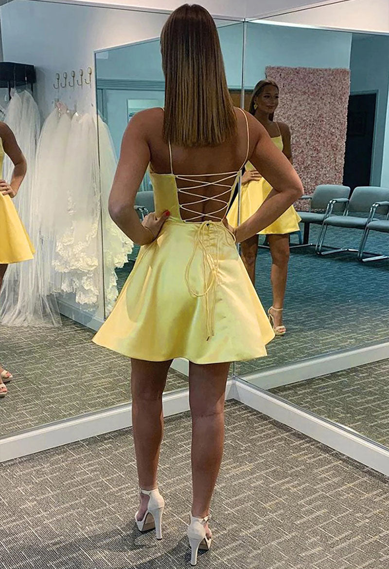 Square Neck A Line Sleeveless Satin Short Homecoming Dress