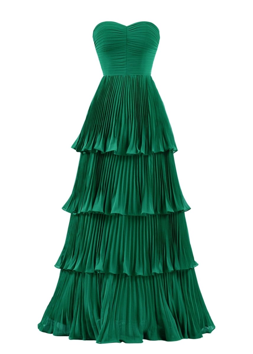 Khalani | Strapless Emerald Green Ruffle Multi - Layer Long Prom Dress - KissProm