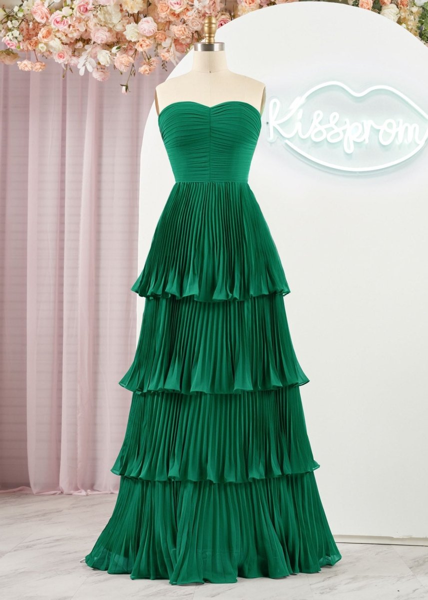Khalani | Strapless Emerald Green Ruffle Multi - Layer Long Prom Dress - KissProm