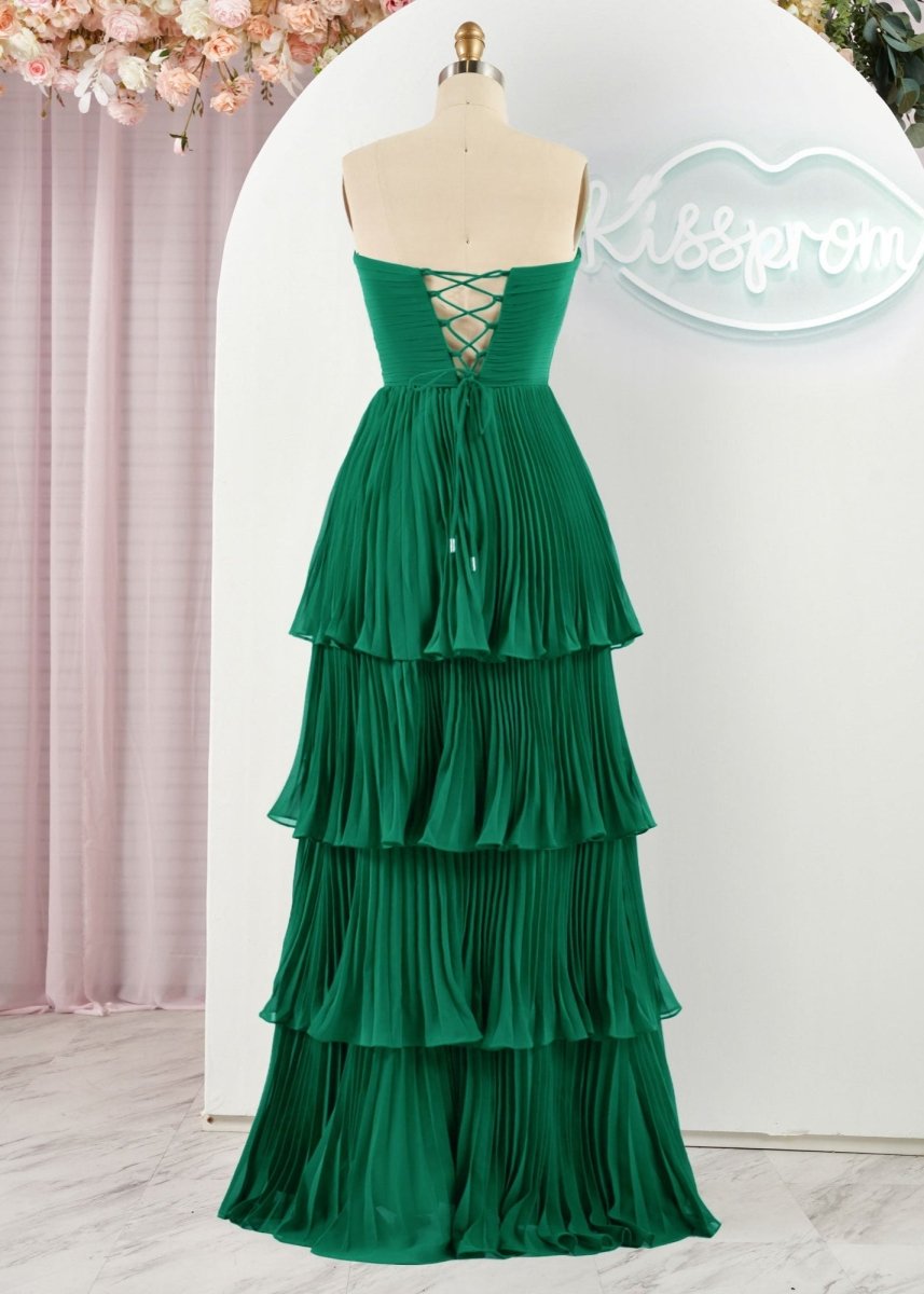 Khalani | Strapless Emerald Green Ruffle Multi - Layer Long Prom Dress - KissProm