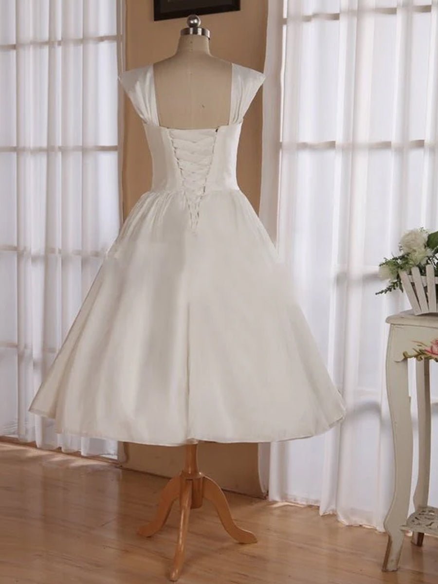 KissDress-Straps Sleeveless Lace-Up Back Tea-Length Satin Wedding Dress