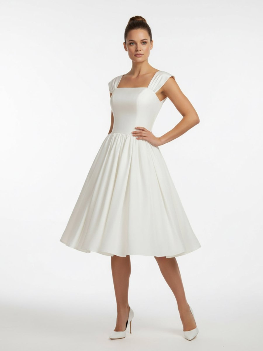 KissDress-Straps Sleeveless Lace-Up Back Tea-Length Satin Wedding Dress