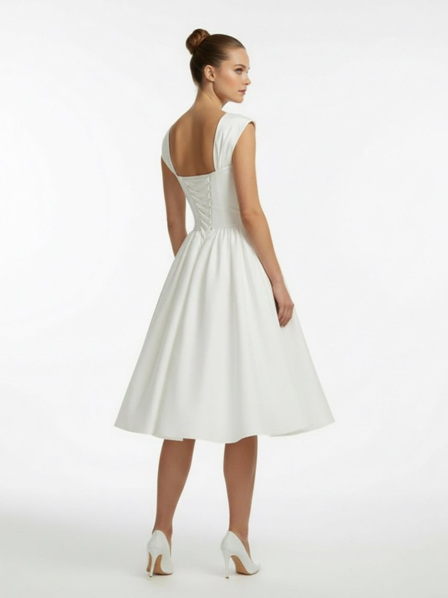 KissDress-Straps Sleeveless Lace-Up Back Tea-Length Satin Wedding Dress
