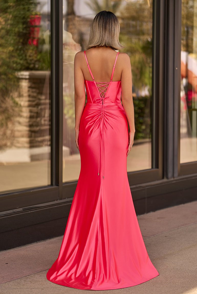 Jianna | Straps V - Neck Satin Mermaid Prom Dress with Bow - KissProm