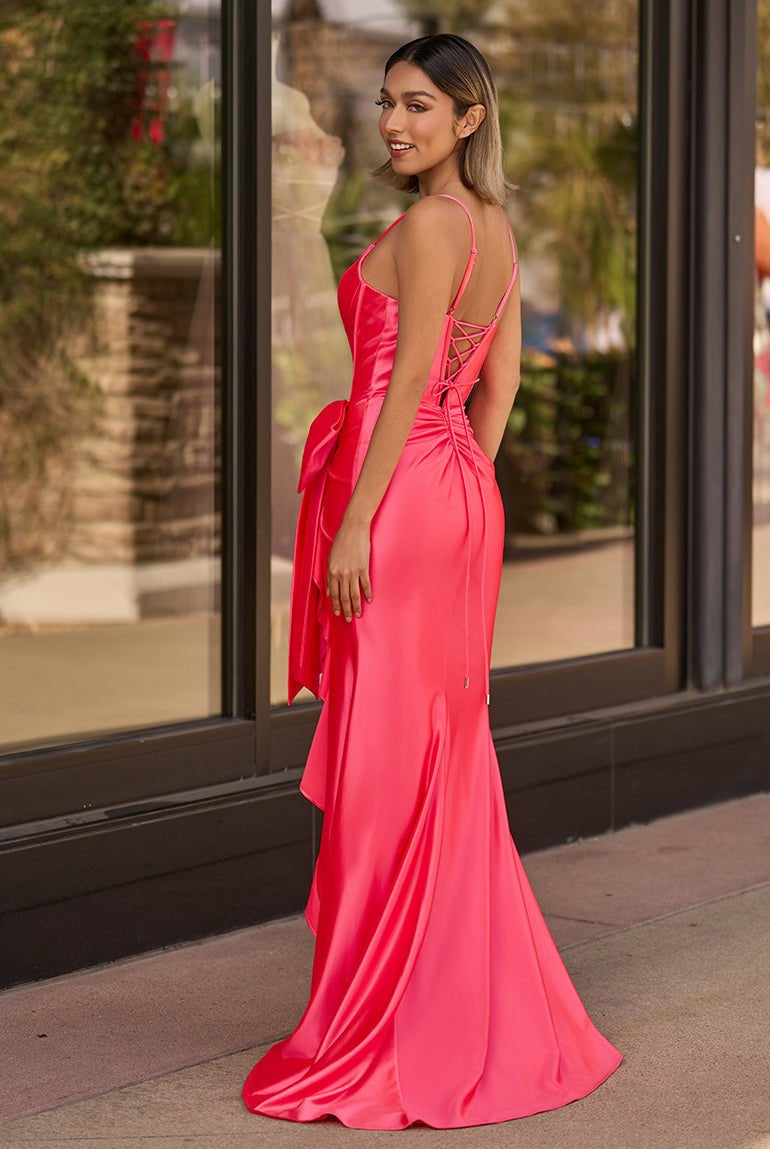 Jianna | Straps V - Neck Satin Mermaid Prom Dress with Bow - KissProm