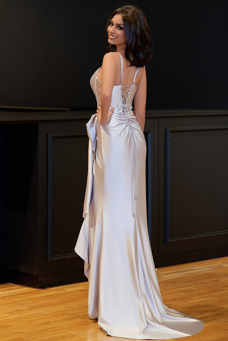 Jianna | Straps V - Neck Satin Mermaid Prom Dress with Bow - KissProm