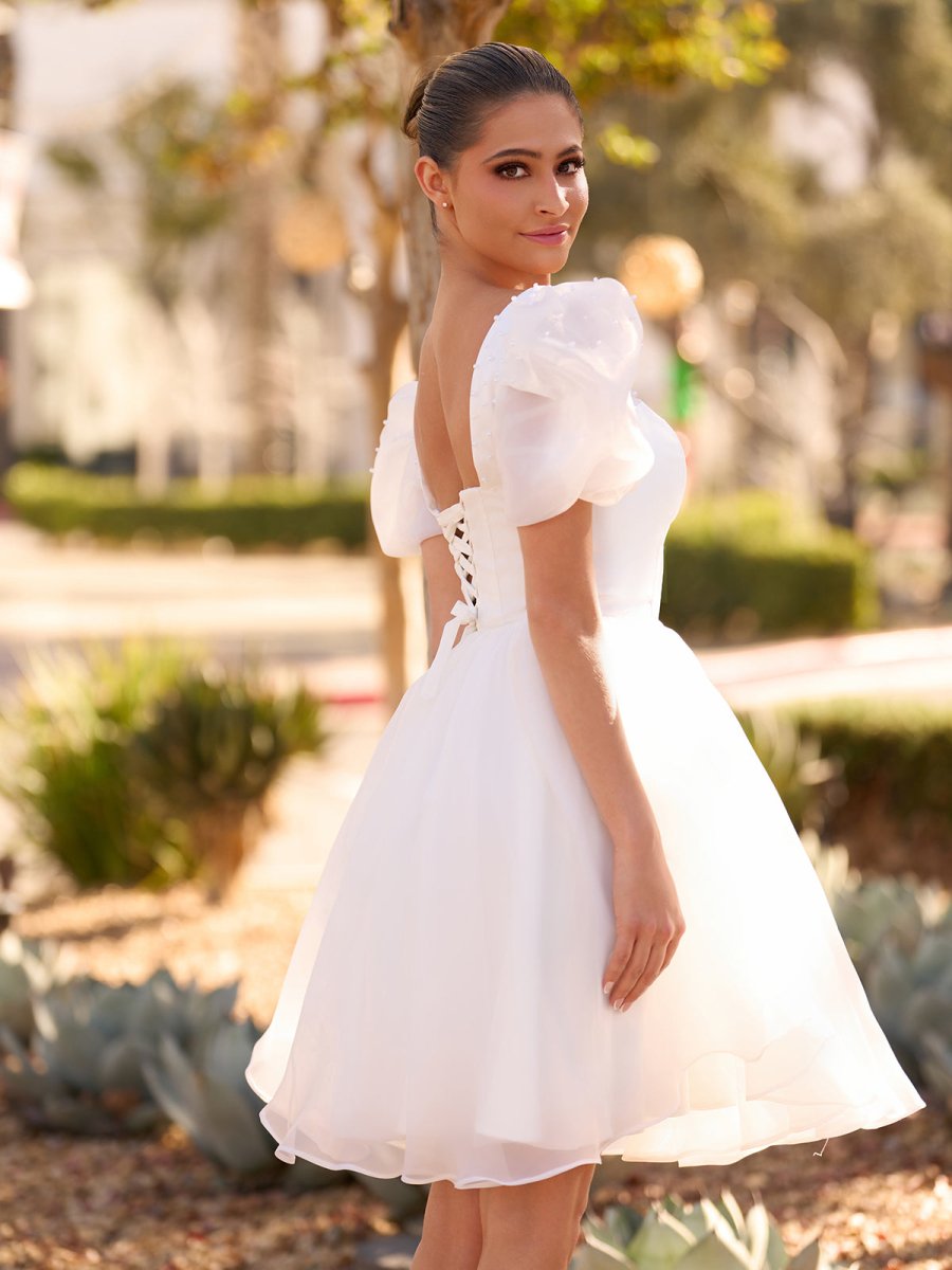 Yuna | A - Line Square - Neck Short Wedding Dress With Puffy Pearls Sleeves - KissProm
