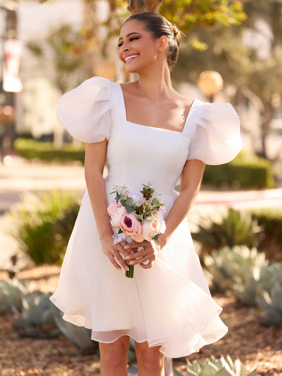 Yuna | A - Line Square - Neck Short Wedding Dress With Puffy Pearls Sleeves - KissProm