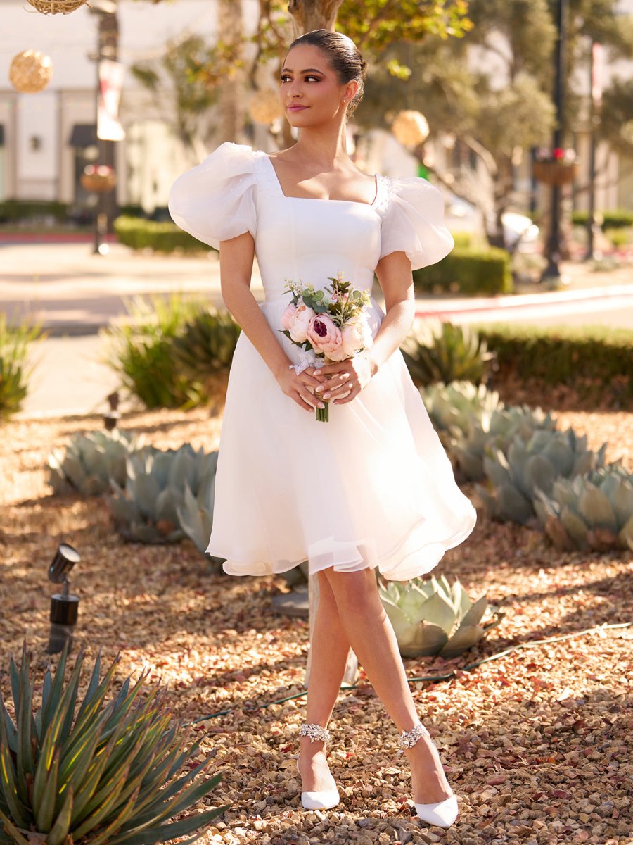 Yuna | A - Line Square - Neck Short Wedding Dress With Puffy Pearls Sleeves - KissProm