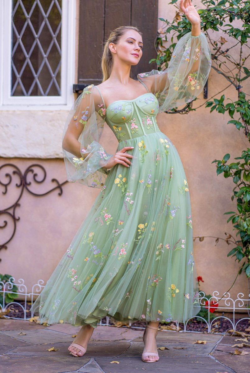 Sweetheart Embroidery Tea - Length Tulle Puff Sleeves Floral Corset Prom Dress - KissProm